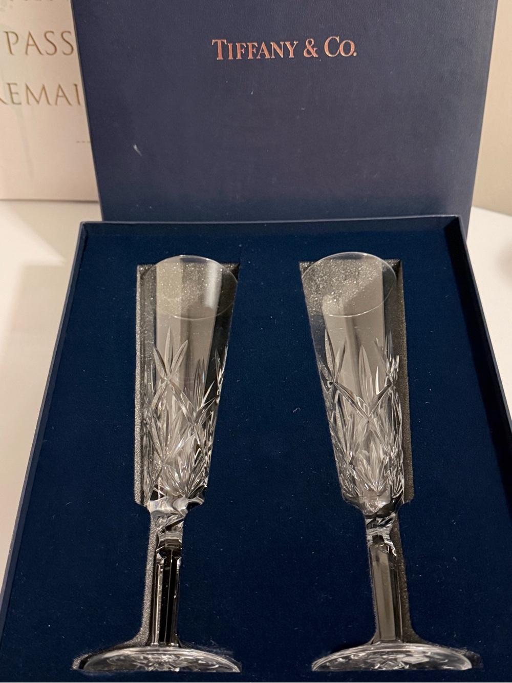 Tiffany & Co. Clear Crystal Cut Champagne Flutes with Navy Presentation Box